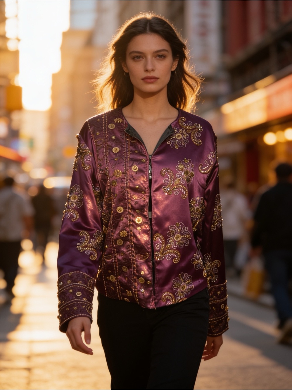 Chico's Plum Satin Embellished Jacket